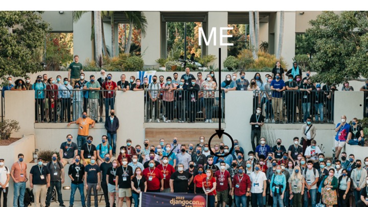 Participants of DjangoCon US 2022 in front of the Marriott Hotel pool