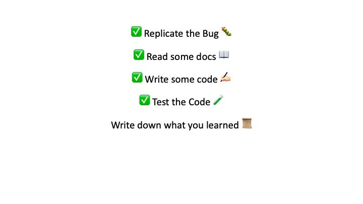 Replicate the Bug %
Read some docs -
Write some code £+
2 Test the Code /
Write down what you learned n
