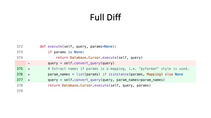 The full diff of the execute method from GitHub