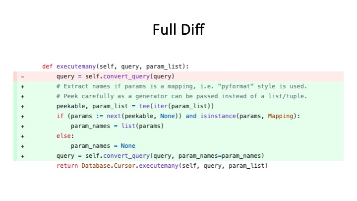 The full diff of the executemany method from GitHub