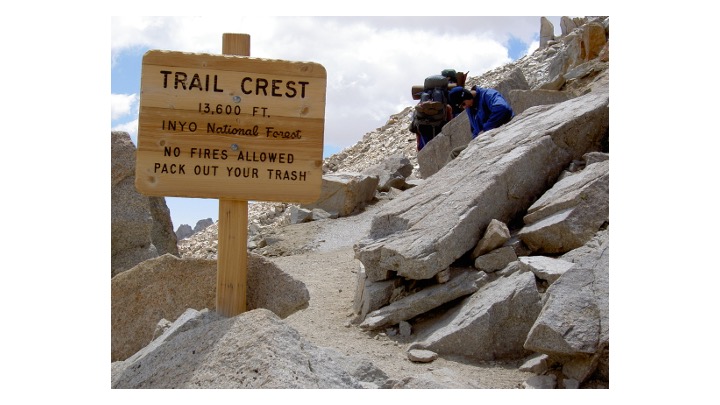 The trail head at Mt. Whitney. It shows the elevation of this point at 13300 Feet (4159 meters) above Sea Level