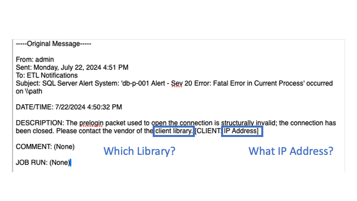 An error message that has no information or context for why it's important, who it will impact, or how to fix it. A reference to a client library and IP address are made without telling you which ones